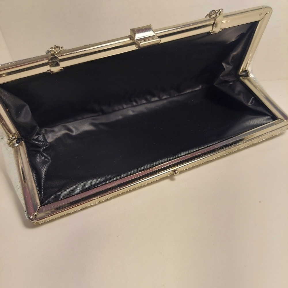 Vintage Silver Metallic + Glitter Clutch Evening Bag Purse Cocktail Prom Formal - Picture 10 of 15
